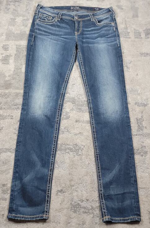 Silver Jeans Denim - Silver Jeans Aiko Women's Skinny Leg Embroidered Blue Fluid Denim Jeans 35x30.5
